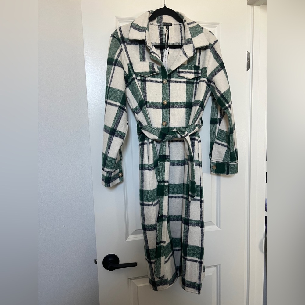 Chic Long Fall Green and White Plaid Full Lenght Dress / Jacket small medium NwT